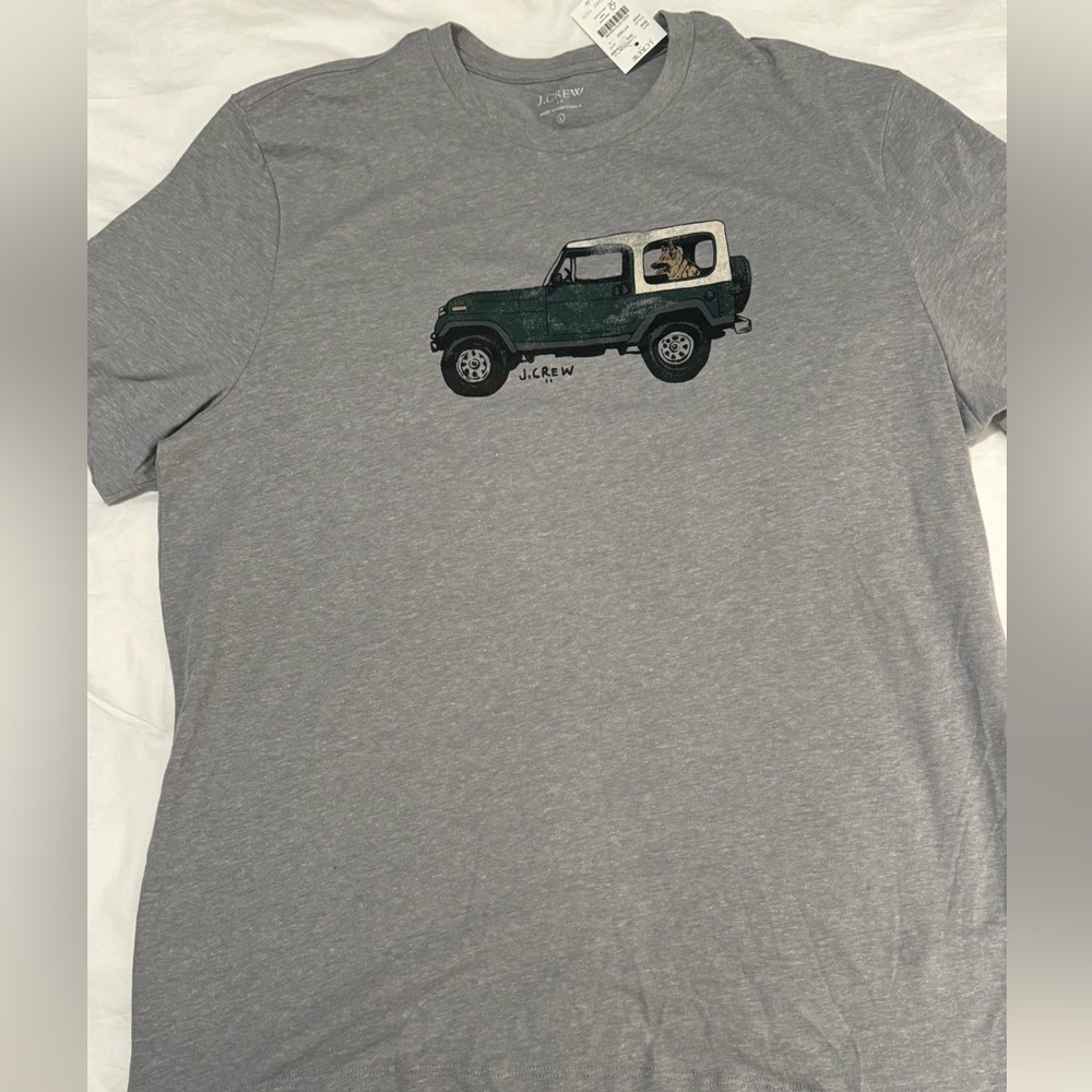 J CREW gray graphic tee German shepherd dog in a jeep size LARGE